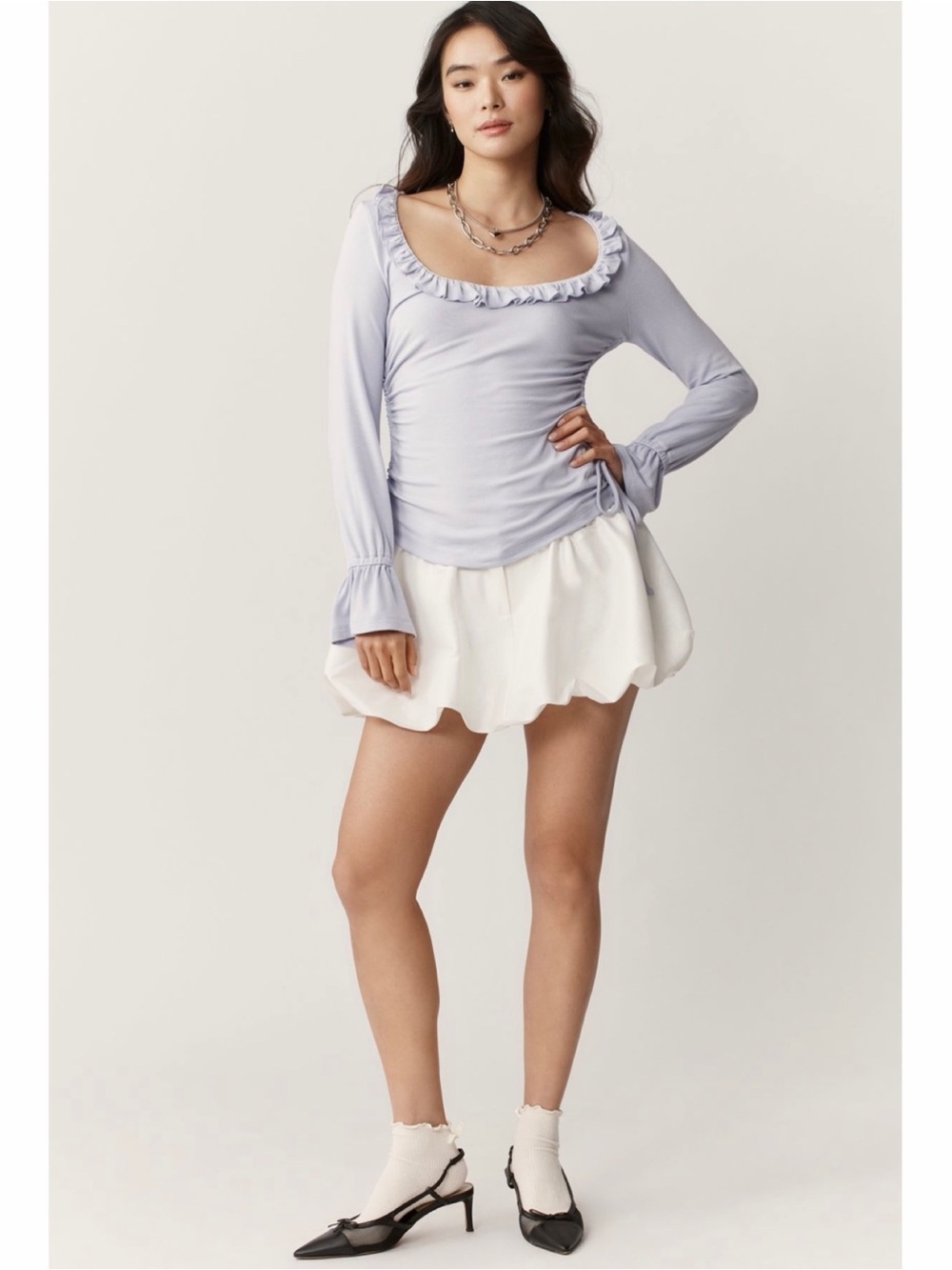 NEW Anthropologie Maeve Lavender Long-Sleeve Scoop-Neck Ruched Top MEDIUM LARGE